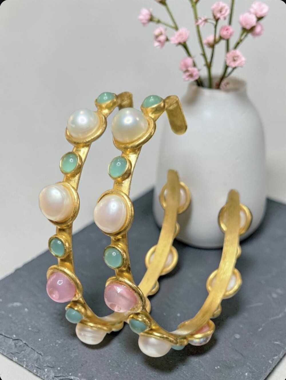 Massive 18k Gold Artisan Pearl Blue Chalcedony Pink Glass Hoop Earrings